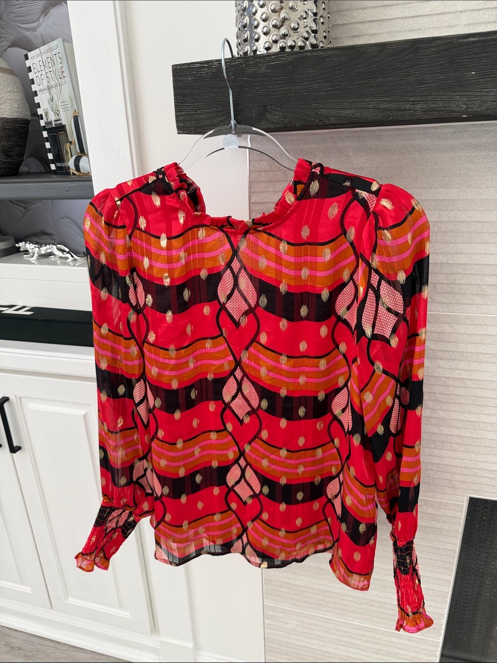 Joie Red Pink and Black Geometric Print Long-Sleeve Blouse